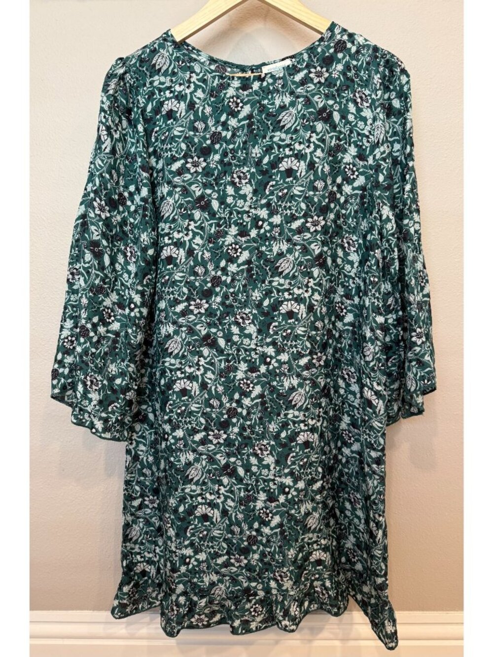 Sundance Otillie Floral Jade Green Ruffle Hem Dress Medium Wide Sleeve Boho